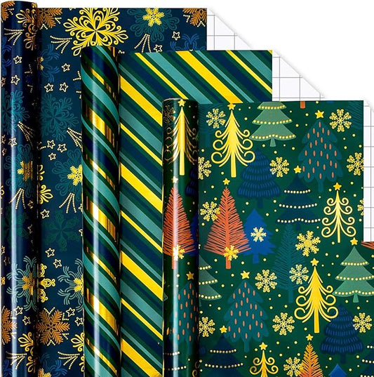 MAYPLUSS Christmas Wrapping Paper - 17 In x 120 In Per Roll - Vintage Navy Snowflake, Emeraled Green Chritmas Tree & Gold Stripe Design Holiday Gift Wrap w/Metallic Foil Shine for Festive Celebration