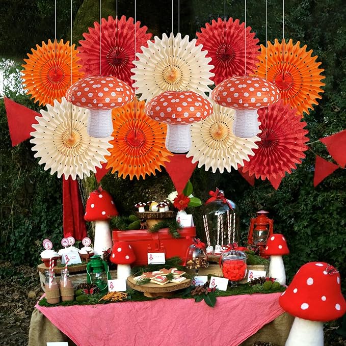 Homarkable Mushroom Paper Lanterns Paper Fans, Mushroom Party Decorations, with 3 Mushroom Lanterns 12 Inches, Red Orange Folding Fans, Honeycomb Party Decorations for Nursery Garden Forest Party