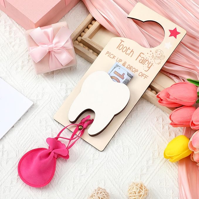 Tooth Fairy Holder Bag Hanger with Money Slot Keepsake Bottle Velvet Pouch Tooth Fairy Box Encourage Gift for Lost Teeth Boy Girl Milk(Classic,Rose Red)