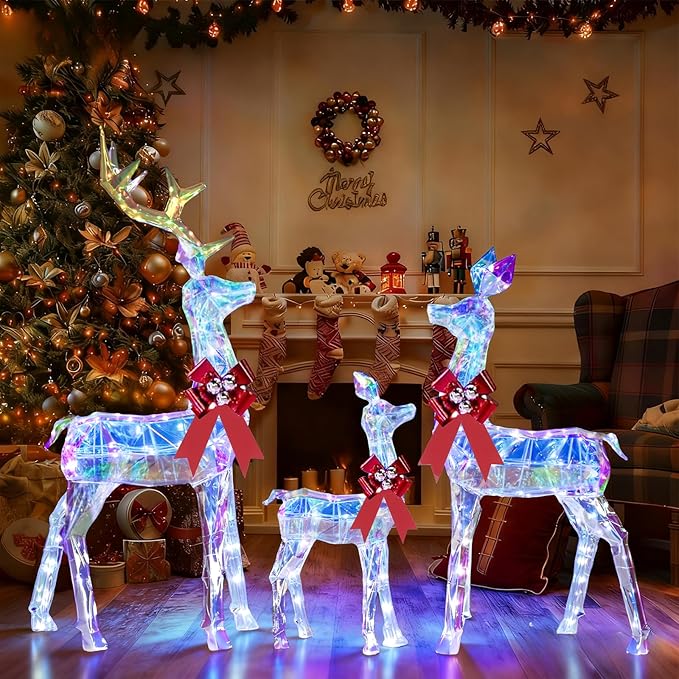 3-Piece Large Lighted Christmas Deer Family Set, 5FT Reindeer Christmas Decoration for Yard, Lawn, Front Porch, Xmas Deer Outdoor Decor with 260 LED Lights, Stakes, Zip Ties - Iridescent