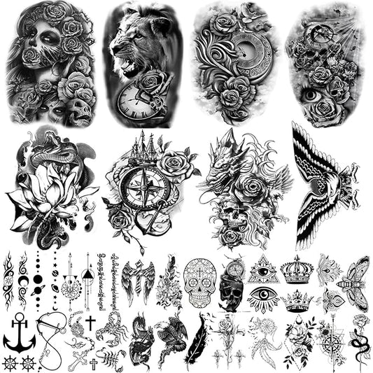 Yazhiji 32 Sheets Temporary Tattoos Stickers, 8 Sheets Fake Body Arm Chest Shoulder Tattoos for Men Women with 24 Sheets Tiny Black Temporary Tattoos