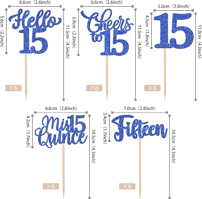 30PCS Happy 15th Birthday Cupcake Toppers Glitter Fifteen Mis Quince Hello 15 Cupcake Picks Cheers to 15 Birthday Decorations for 15th Birthday Anniversary Party Cake Decoration Supplies Blue