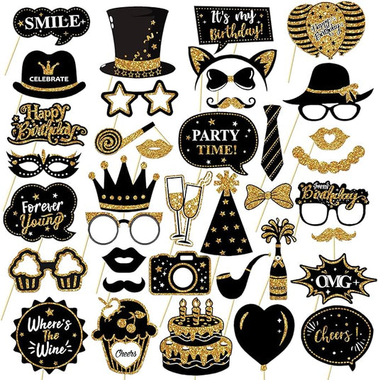 Birthday Photo Booth Props Kit - 38Pcs Funny Pose Signs, Selfie Photobooth Decor for Birthday Party, Men Women