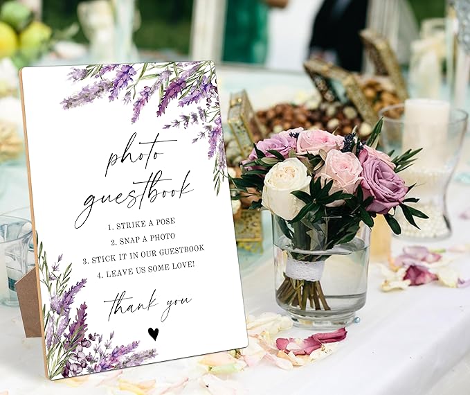 Photo Guest Book Sign, Lavender Bridal Shower Decorations, Guest Book for Party, Wedding Reception Table Decorations, Floral Wooden Sign with Stand for Wedding Reception And Bridal Party Decor, 30
