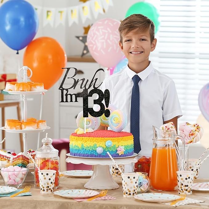 Bruh I'm 13 Cake Topper - Black Glitter Happy 13th Birthday Decorations for Boys Teens, Funny 13 Year Old Party Supplies, Bro I'm 13 Cake Decor (Bruh I'm 13！,13th)