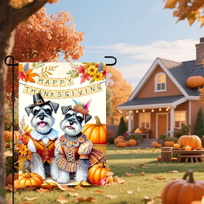 Happy Thanksgiving Garden Flag Dressed Up Schnauzers Pilgrims Pumpkins Autumn Decor 12x18 Inch Double Sided Outdoor Banner For Front Yard Porch Lawn Patio Seasonal Home Decoration Festive