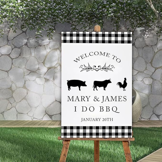 BBQ Welcome Sign for Country Wedding, Backyard Barbe-Q, Printable Decor, Rustic Red Gingham Couples Shower