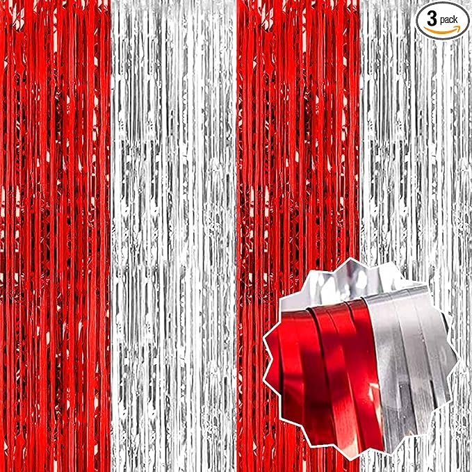 3 Pack Red and Silver Foil Fringe Curtains Backdrop, 3.28 x 8.2 Ft Metallic Streamers Tinsel Curtains Background for Photo Booth, Birthday, Christmas, Halloween, New Year Party Decorations