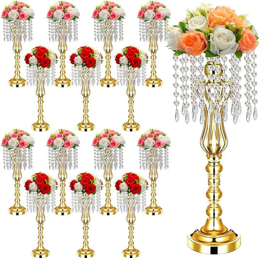16 Pcs Wedding Centerpieces for Tables, Gold Silver Vase Centerpiece with Chandelier Crystal Metal Flower Stand, Tall Flower Vases for Wedding Party Home Decoration(Gold,21.3)