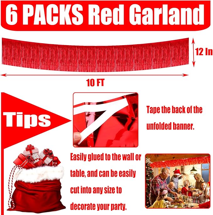 6 Pack 10 Feet Foil Fringe Garland Metallic Tinsel Streamers Banner Wall Hanging Curtain Backdrop for Parade Floats, Bachelorette, Wedding, Birthday, Halloween, Christmas Party Decorations(Red)