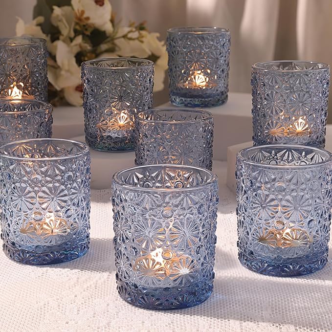 Blue Votive Candle Holder Set of 12, Flower Tea Lights Candles Holders for Wedding Table Centerpieces, Birthday Parties, Home Decor, Blue Bridal Shower and Holiday Decorations