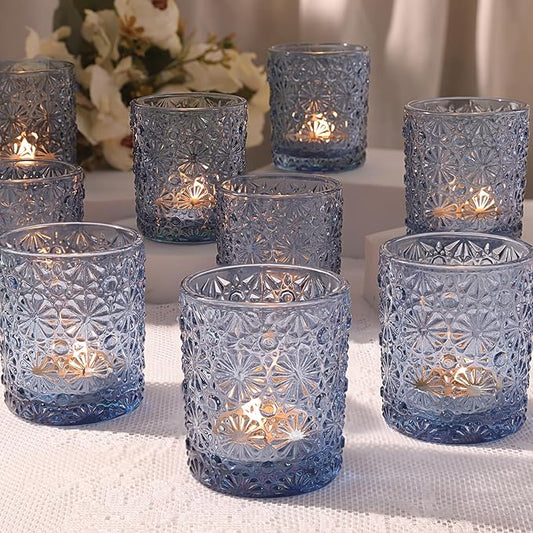 Blue Votive Candle Holder Set of 12, Flower Tea Lights Candles Holders for Wedding Table Centerpieces, Birthday Parties, Home Decor, Blue Bridal Shower and Holiday Decorations