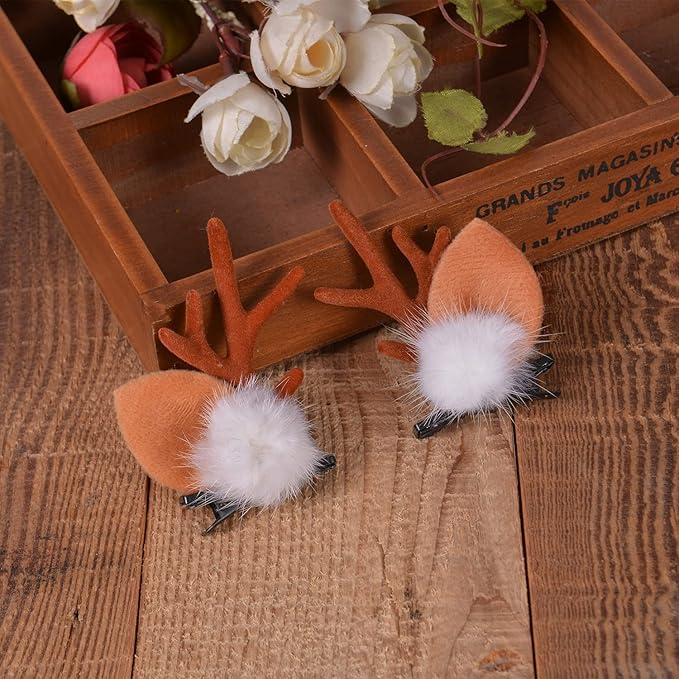 Christmas Reindeer Antlers Headband Hair Clips Brown Deer Ears with Elk Design Deer Antlers Decor Christmas Party Holiday Deer Ears Costume Headband Hairpin for Women Girls Hair Accessories