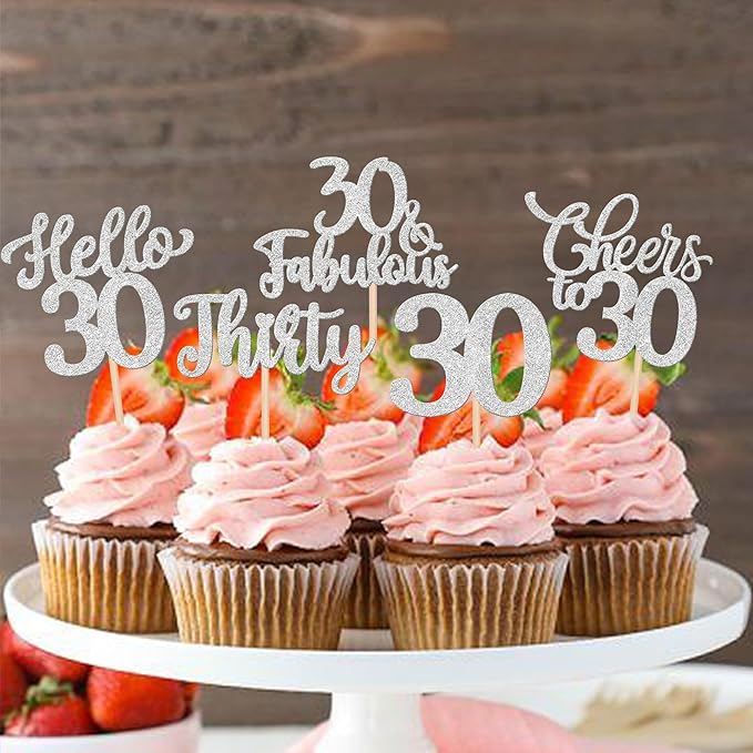 30PCS Happy 30th Birthday Cupcake Toppers Glitter Thirty Cheers to 30 Years Old Birthday Cupcake Picks Hello 30 Fabulous Cake Decorations for Happy 30th Birthday Anniversary Party Supplies Silver
