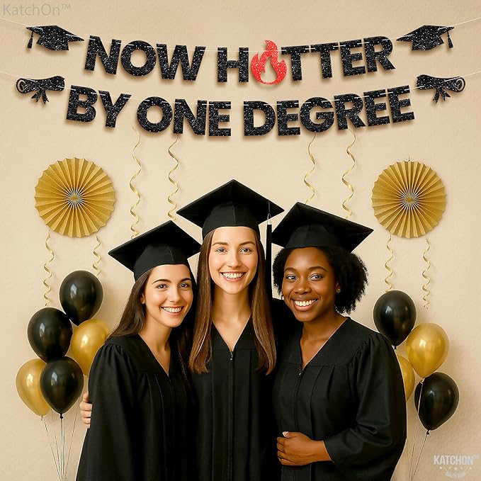 Katchon, Now Hotter By One Degree Banner-10 Feet | Congrats Grad Banner | One Degree Hotter Decorations | Graduation Backdrop |orange Graduation Decorations 2025 | Glitter Black graduation Banner