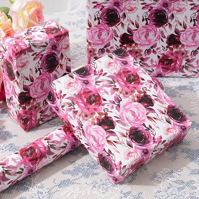 ZINTBIAL Floral Wrapping Paper Roll - Purple Rose Design, 17 Inches x 16.5 Feet, Gift Wrap for Wedding, Bridal Shower, Birthday, Mother's Day,Anniversary, Cut Lines on Back