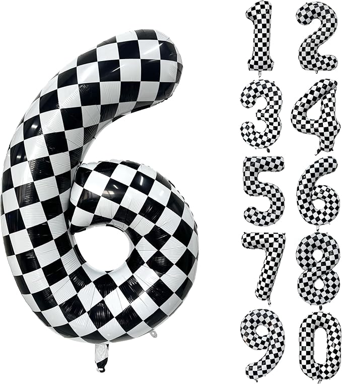 40 Inch Checkered Number Balloon 6 Black and White Number 6 Balloon Foil Helium Balloons for Birthday Party Decoration Girls Boys Baby Shower Anniversary Decoration Race Car Party Decoration