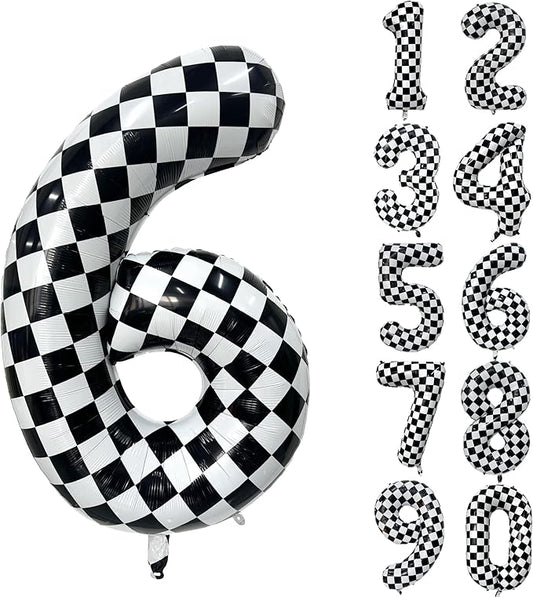 40 Inch Checkered Number Balloon 6 Black and White Number 6 Balloon Foil Helium Balloons for Birthday Party Decoration Girls Boys Baby Shower Anniversary Decoration Race Car Party Decoration