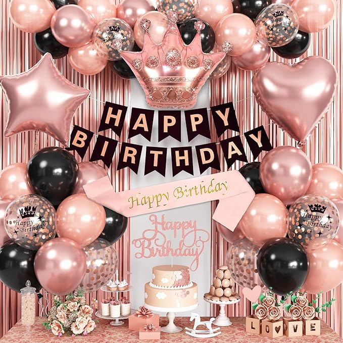 Rose Gold Birthday Decorations - Black & Rose Gold Balloons, Happy Birthday Banner, Sash, Cake Topper, Fringe Curtain & Foil Balloons for Girls' Party Supplies