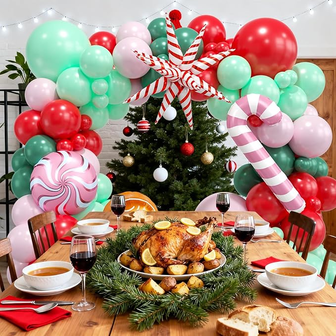 Christmas Balloon Arch Garland Kit,120PCS Christma Pastel Pink Green Balloons, Candy Crutch Gingerbread Foil Ballons for MerryChristmas Party Decorations Party Supply Birthday,Baby Shower