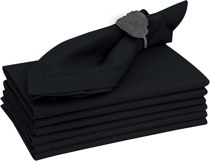 Ruvanti Premium Linen Napkins Set of 6-20x20 Inch, Classic Hemstitch, Mitered Corner Cloth Napkins ‎‎- Soft, Elegant Dinner Napkins Cloth Washable for Weddings, Parties, Everyday Use - Black