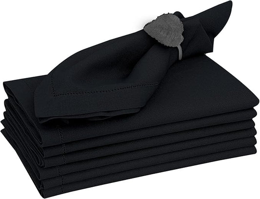 Ruvanti Premium Linen Napkins Set of 6-20x20 Inch, Classic Hemstitch, Mitered Corner Cloth Napkins ‎‎- Soft, Elegant Dinner Napkins Cloth Washable for Weddings, Parties, Everyday Use - Black