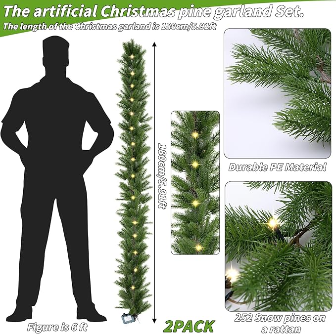 Christmas Garland with Lights 2PCS, 5.91Ft Lighted Garlands, Realistic Greenery Norfolk Pine,18 LED Lights Battery Powered, Timer Included Greenery Garland for Mantle Christmas Decorations