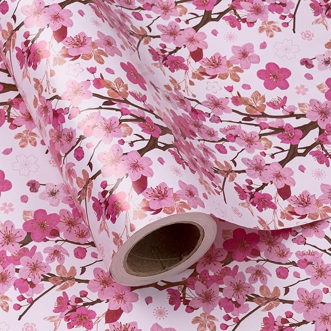 WRAPAHOLIC Floral Wrapping Paper Roll - Mini Roll - 17 Inch x 33 Feet - Sakura Blossom Wrapping Paper for Birthday, Wedding, Bridal Shower, Mother's Day, Valentine's Day