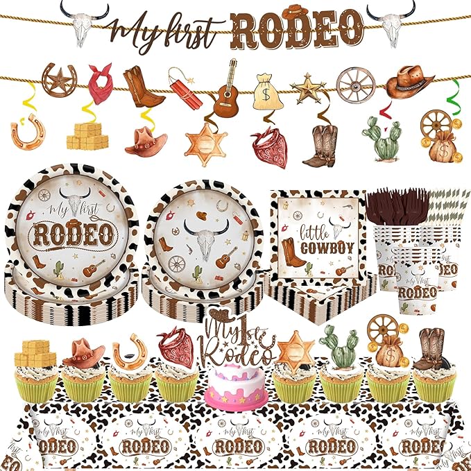 164Pcs Western Cowboy Party Supplies Wild West Baby Shower Bachelorette Birthday Decorations, Includes Plates Napkins Cups Forks Straws, Cake toppers, for 24 Guests