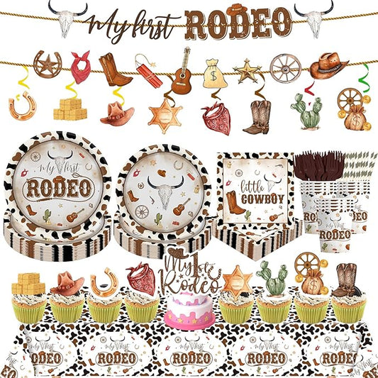 164Pcs Western Cowboy Party Supplies Wild West Baby Shower Bachelorette Birthday Decorations, Includes Plates Napkins Cups Forks Straws, Cake toppers, for 24 Guests
