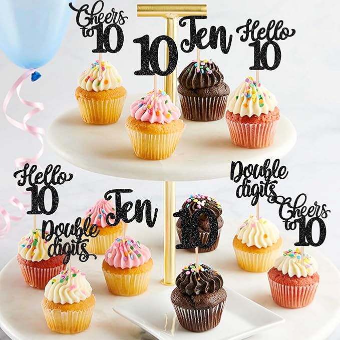 30PCS Happy 10th Birthday Cupcake Toppers Glitter Ten Double Digits Hello 10 Cupcake Picks Cheers to 10 Birthday Decorations for 10th Birthday Anniversary Party Cake Decorations Supplier Black