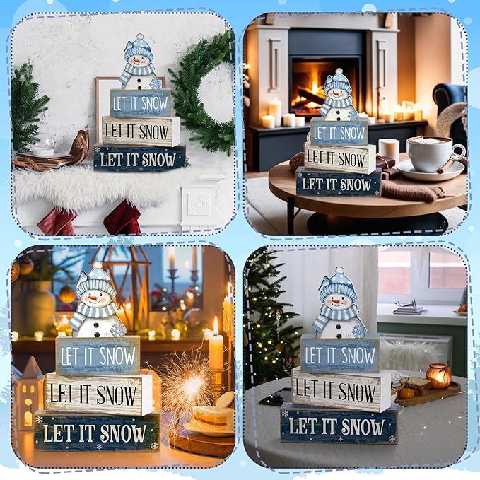 4 Pcs Christmas Table Decoration Wooden Snowman Winter Tiered Tray Decor Christmas Centerpiece Decorative Snowman Block Sign Gift Winter Decoration for Home Kitchen Shelf Office