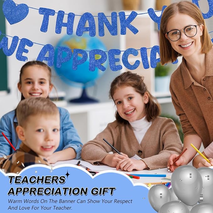 Fulmoon Pre Strung Thank You We Appreciate You Glitter Banner Funny Appreciation Banner for Employee Coworker Staff Teacher Thank Sign Party Decorations(Navy Blue)