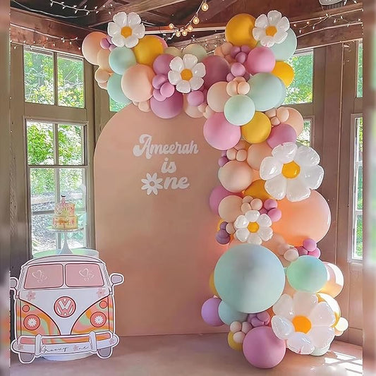 Beliueyes 140Pcs Balloon Garland Arch Kit, Daisy Macaron Purple Green Nude Yellow Party Decorations for Boho Two Groovy Birthday Baby Shower Flower Decor