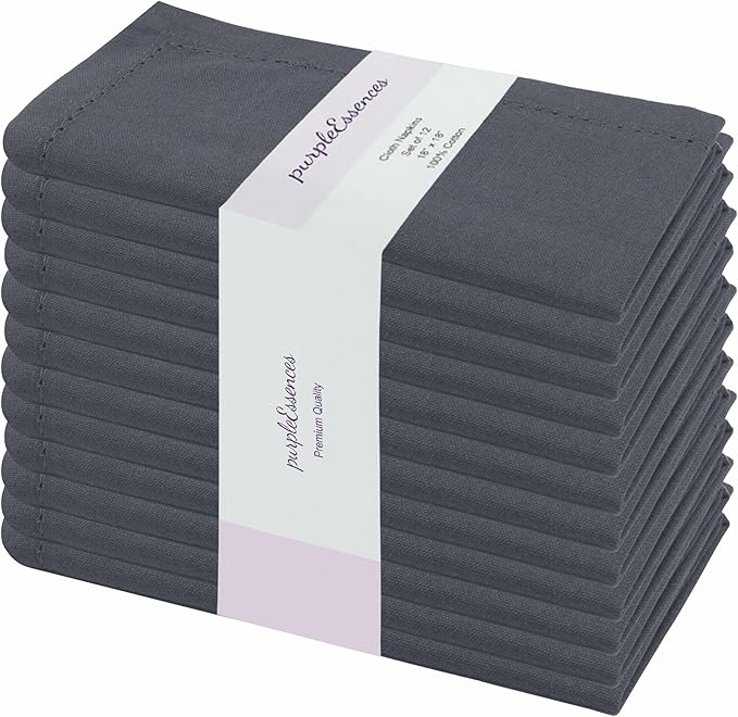 PurpleEssences Set of 12 Hemstitch Cloth Dinner Napkins 100% Cotton - Soft Durable Washable - Ideal for Wedding Christmas Holiday Winter - Perfect Everyday Use Table Linen 18x18 - Dark Gray