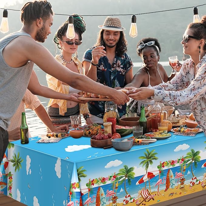 1 Pack Summer Beach Plastic Tablecloth Party Decorations, Disposable Aloha Luau Hawaiian Tablecloth, Flamingo Surfboard Table Cover for Summer Beach Pool Hawaiian Theme Party Decorations, 54 x 108Inch
