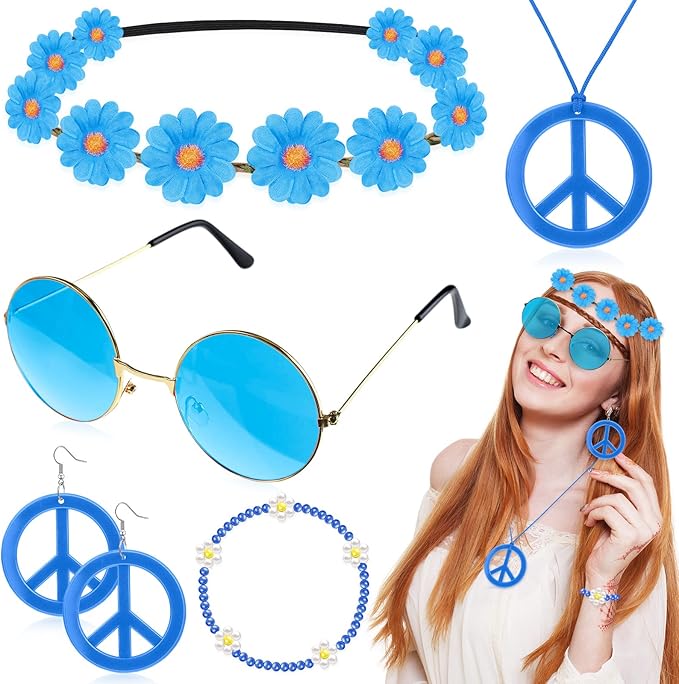 Batiyeer 6 Pcs Hippie Costume Accessories Set, Boho Peace Sign Daisy Flower 60s 70s Party Favors Decor for Groovy Party Women(Blue)