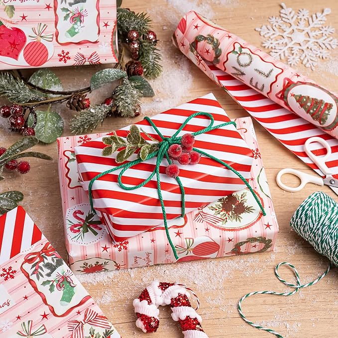 WRAPAHOLIC Reversible Christmas Wrapping Paper - Mini Roll - 17 Inch x 33 Feet - Pink & Red Classic Christmas Decor and Stripes Wrapping Paper for Xmas Holiday, Party Celebration