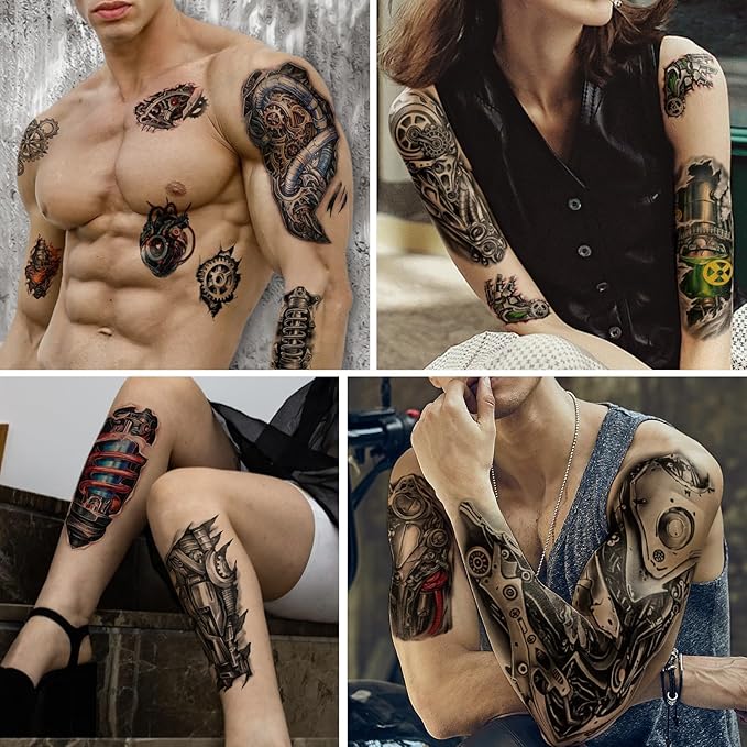 Yazhiji 48 Waterproof Temporary Tattoos For Adult, Mechanical Temporary Tattoos for Men Women, Half Arm Robot Fake Tattoos Sleeve, Realistic Mechanical Half Arm Tiny Tattoo Sticker