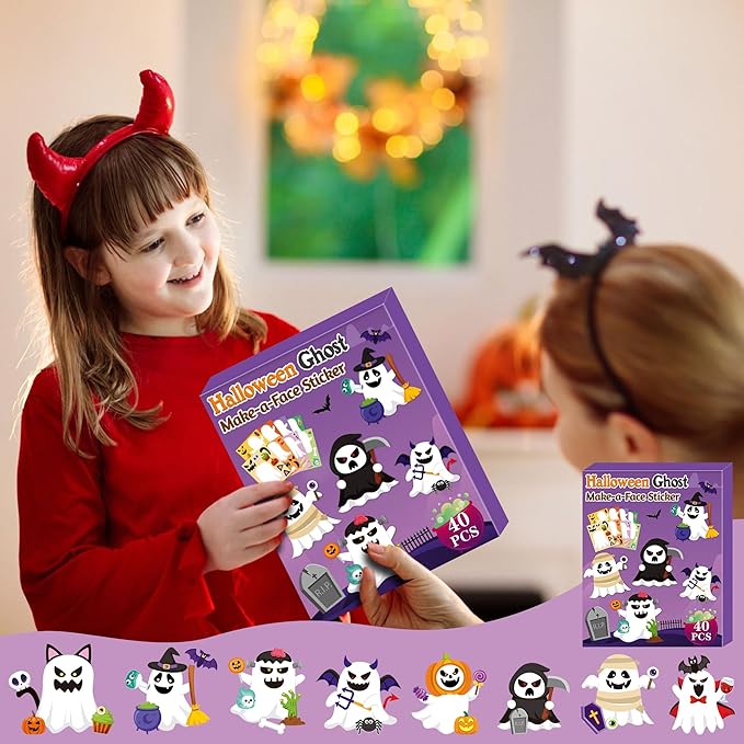 CY2SIDE Halloween Ghost Face Stickers - 40PCS Make Your Own Funny Ghost Stickers Games for Kids School Rewards, DIY Halloween Trick or Treat Party Favors for Classroom Activities Home Fun Project