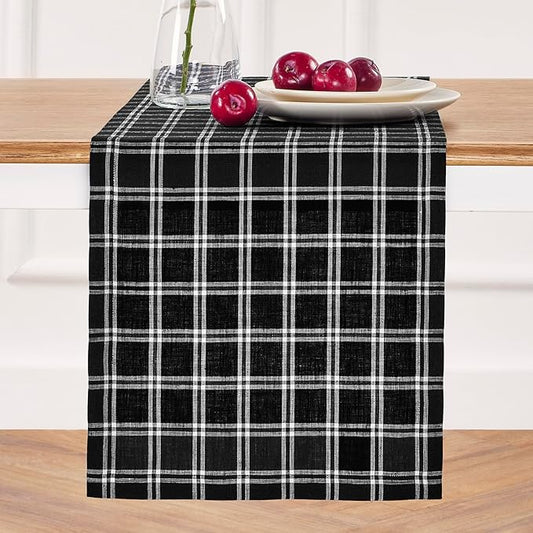Solino Home Fall Plaid Table Runner 120 Inches Long - 100% Pure Linen Marseille Plaid Black Table Runner 14 x 120 Inch for Dining, Autumn, Thanksgiving, Christmas