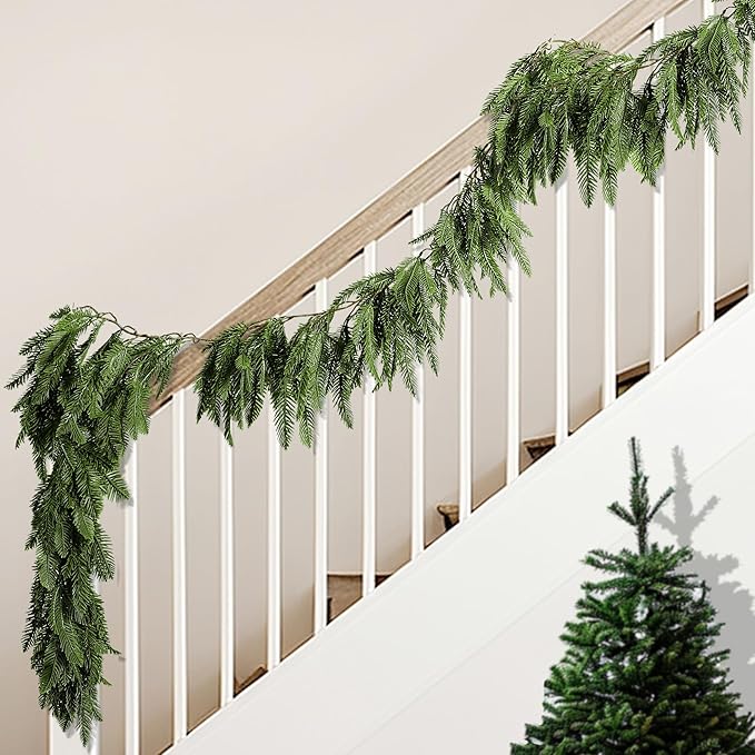Watayo 2 Pcs Realistic Touch Norfolk Pine Garland, 4.9 Ft Artificial Realistic Christmas Garland for Mantle, Faux Norfolk Pine Cedar Garlands for Christmas Fireplace Window Home Indoor Outdoor Decor