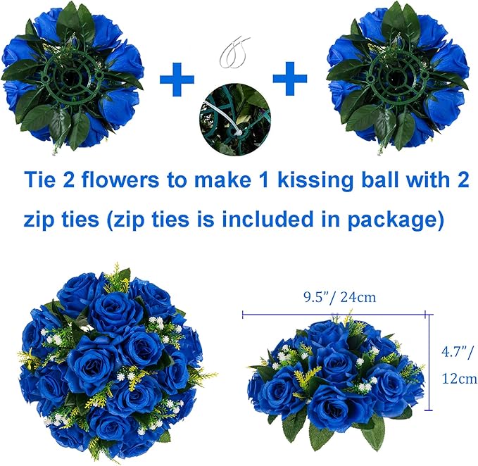 BLOSMON Royal Blue Flowers for Decoration: 10 Pcs Fake Roses Kissing Balls for Wedding Table Centerpieces - Artificial Floral Arrangements Home Baby Shower Birthday Party DIY Decor