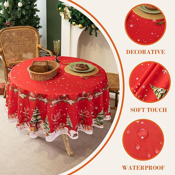 Christmas Waterproof Tablecloth – Red Holiday Table Cover with Santa Claus, Reindeer, Tree & Snowflake Design – Festive Dining Decor for Christmas Party and Home, 60" Round