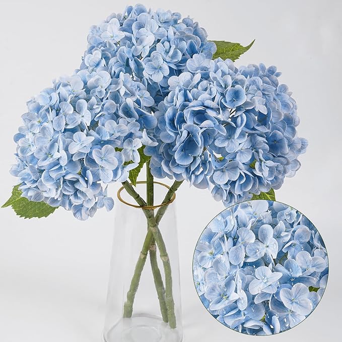 BonBloom's 3 Pcs Blue Hydrangea Artificial Flowers,21 inches Latex Hydrangeas Flowers Faux Lifelike Real Touch Flowers for Wedding Table Centerpieces Home Party Garden Outdoor Decoration