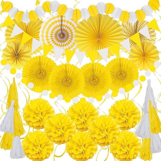 ZERODECO Party Decorations, 41 Pcs Yellow Papar Fans Pompoms Garlands String Tissue Paper Tassel for Graduation Congrats Grad New Years Spring Festival Wedding Birthday Party