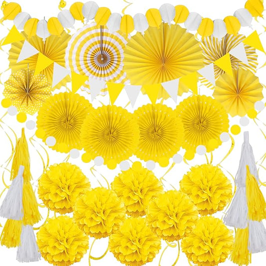 ZERODECO Party Decorations, 41 Pcs Yellow Papar Fans Pompoms Garlands String Tissue Paper Tassel for Graduation Congrats Grad New Years Spring Festival Wedding Birthday Party