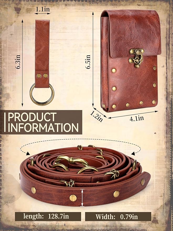 Ultrafun 3pcs Renaissance Belt Accessories Faux Leather Medieval Viking Chain Belt Bag Skirt Hike Ren Faire Costume
