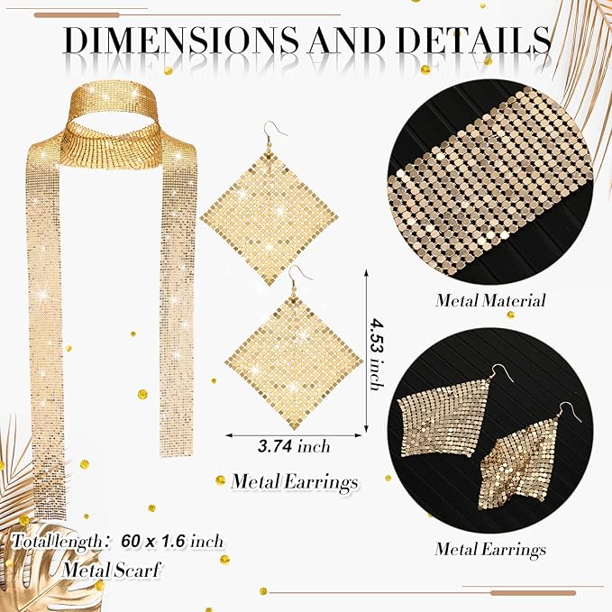 Sasylvia 5 Pcs 70s Disco Accessories Halloween Women Costume Jewelry Sequin Scarf Earrings Sunglasses Bracelet Headband