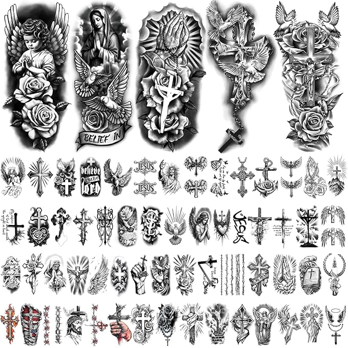 77 Sheets Christian Temporary Tattoo Adult, Religious Jesus Christ Cross Angels God Half Arm Fake Tattoos, Christ Catholic Realistic Tiny Body Temporary Tattoos for Men and Women Kids